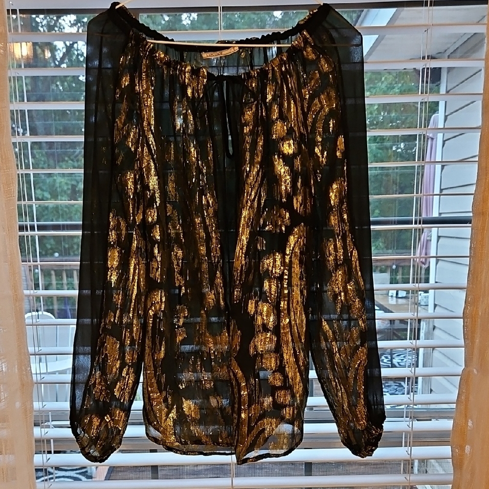 Language Elegant Black Silk With Metallic Gold Thread Blouse